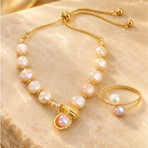 Premium Pearl Bracelet & Double-Band Ring Combo