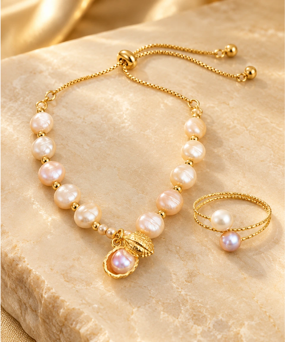 Premium Pearl Bracelet & Double-Band Ring Combo