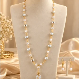Real Pearl Elegance – Gold-Tone Long Necklace & Matching Pearl Earrings Set