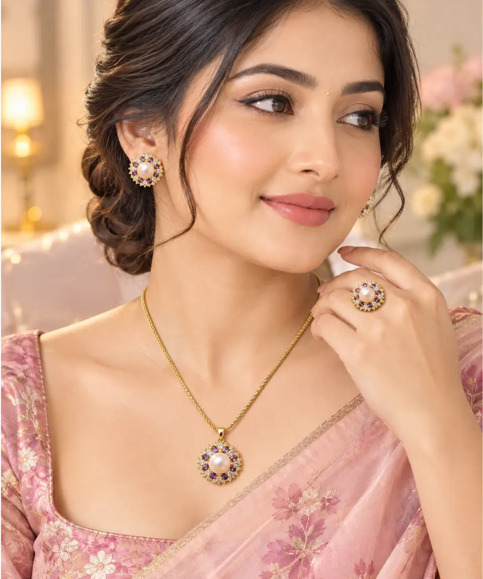 Royal Pearl & Purple Zircon Floral Necklace Set with Ring - Image 2