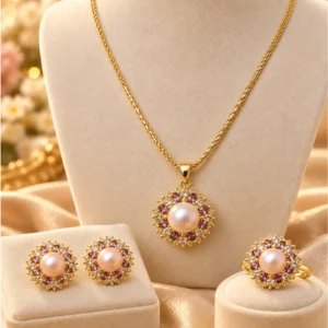 Royal Pearl & Purple Zircon Floral Necklace Set with Ring