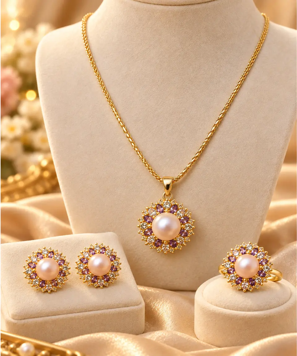 Royal Pearl & Purple Zircon Floral Necklace Set with Ring